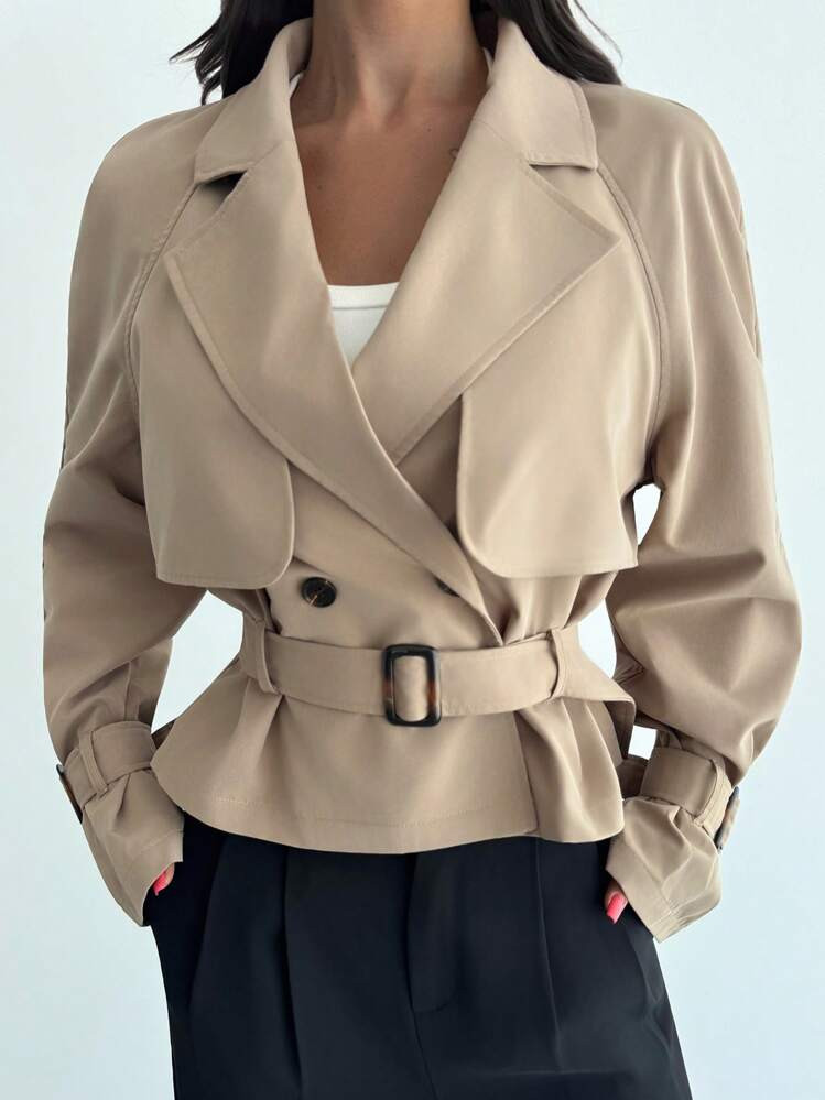 Firerie Women's Elegant New Fall/Winter Fashionable Daily Casual Versatile Commuting And Comfortable New Khaki Pocket Belt Women's Trench Coat,Old Money Style Back To School Teacher Winter Autumn Old Money Business Casual Women Trench Coat Belted Jacket Cropped Jacket Women Blazer For Women V-Neck Waist Suit Linen Blend Collarless Long Sleeve Lightweight Coat Fall /Airport /Going Out | SHEIN