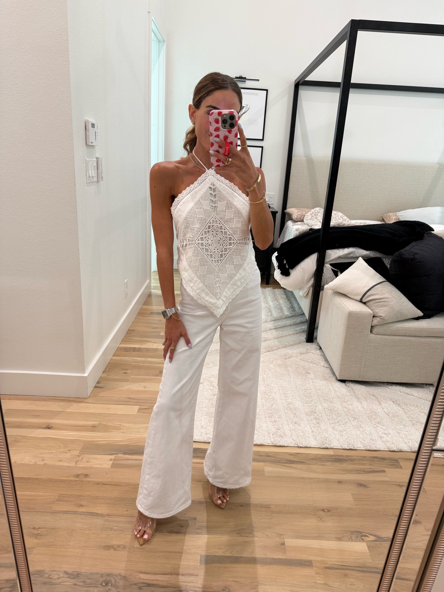 Super cute white hate bandana style top I found! Wearing smallest size with white wide leg jeans

#LTKPetite #LTKSaleAlert #LTKootd