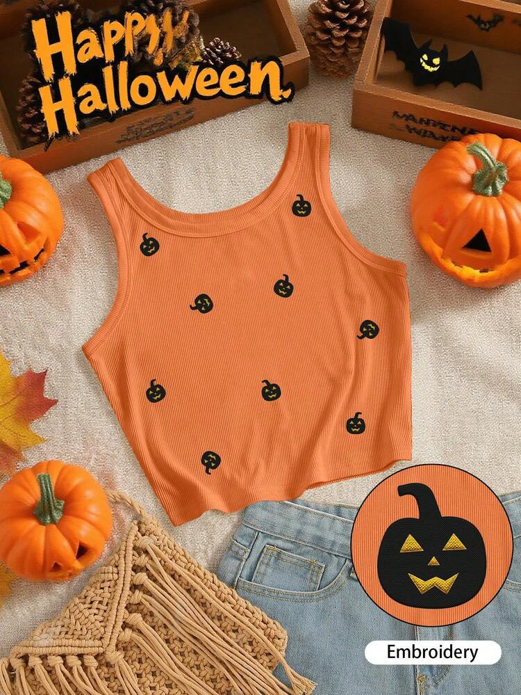 INAWLY Women Halloween Pumpkin Pattern Round Neck Tank Top, For Halloween Party | SHEIN