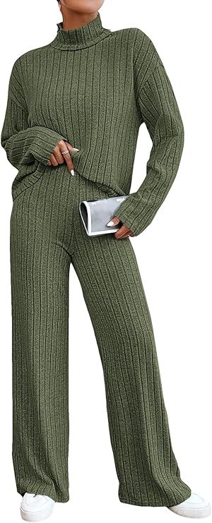 OYOANGLE Women's 2 Piece Outfits Mock Neck Long Sleeve Ribbed Tee Shirt and Wide Leg Pants Set | Amazon (US)