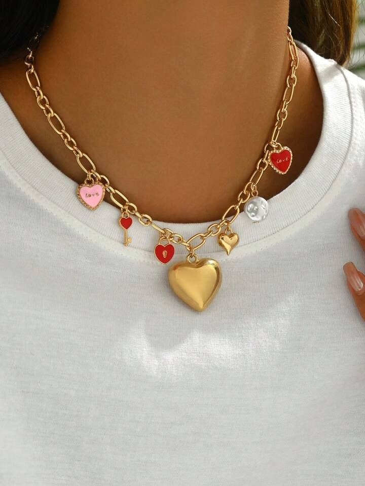 1pc Heart Locket Charm Necklace Set, Metal Multi-Heart Pendant Jewelry For Women Daily Wear, Part... | SHEIN