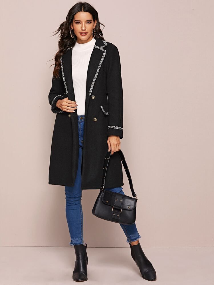 Double Button Frayed Trim Pea Coat | SHEIN