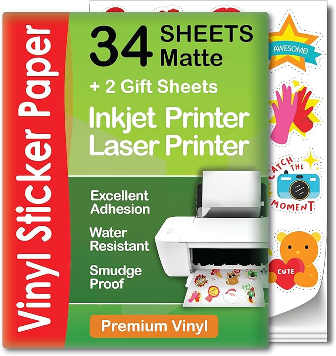 Premium Printable Vinyl Sticker Paper for Inkjet & Laser Printer - 34 Sheets Self-Adhesive Sheets... | Amazon (US)