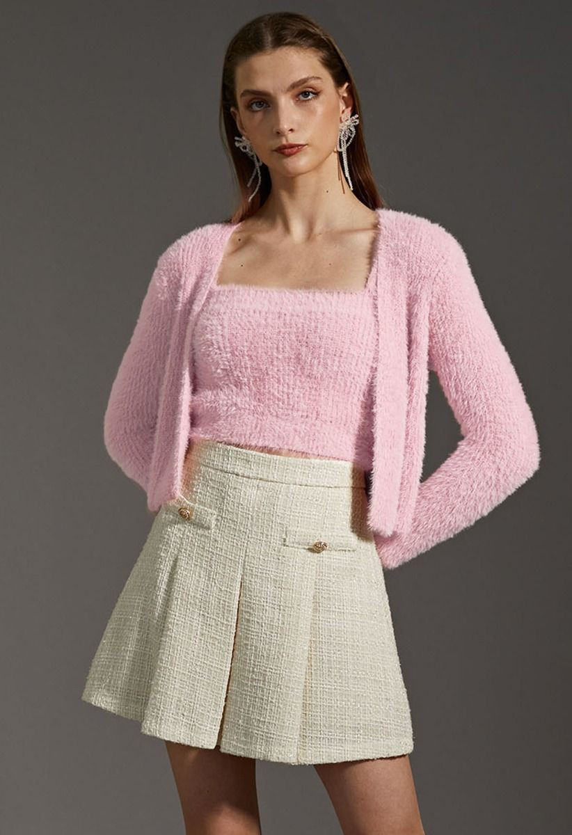 Extra Soft Fuzzy Knit Cami Top and Cardigan Set in Pink | Chicwish