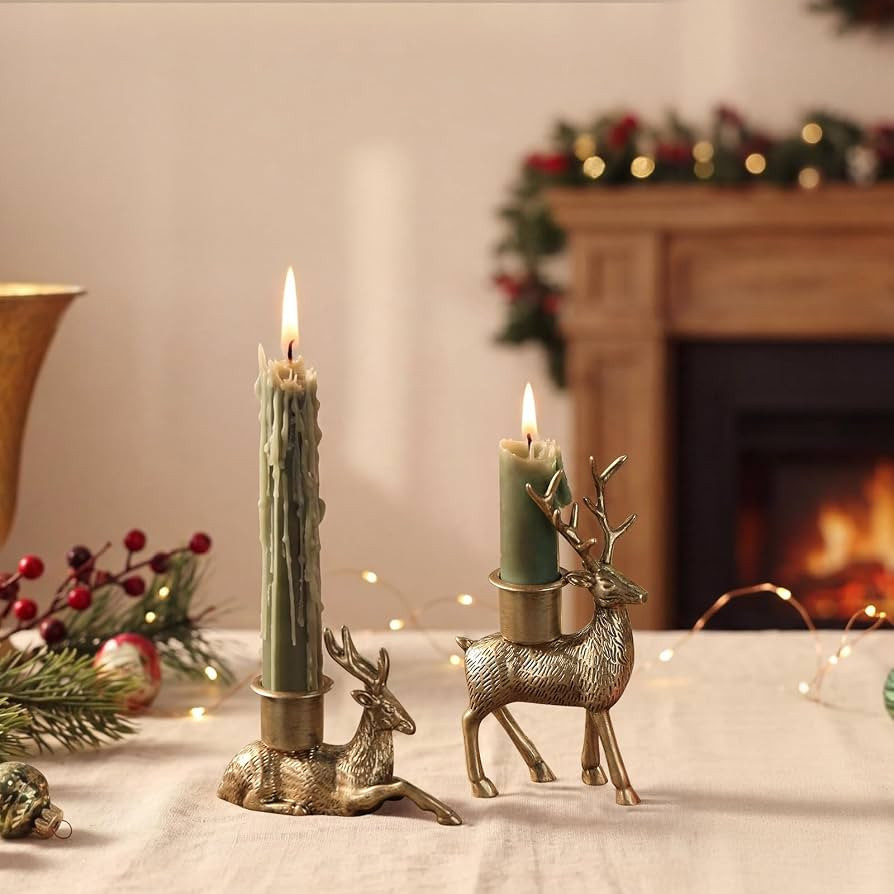 NIKKY HOME Christmas Reindeer Taper Candle Holders Set of 2, Gold Deer | Amazon (US)