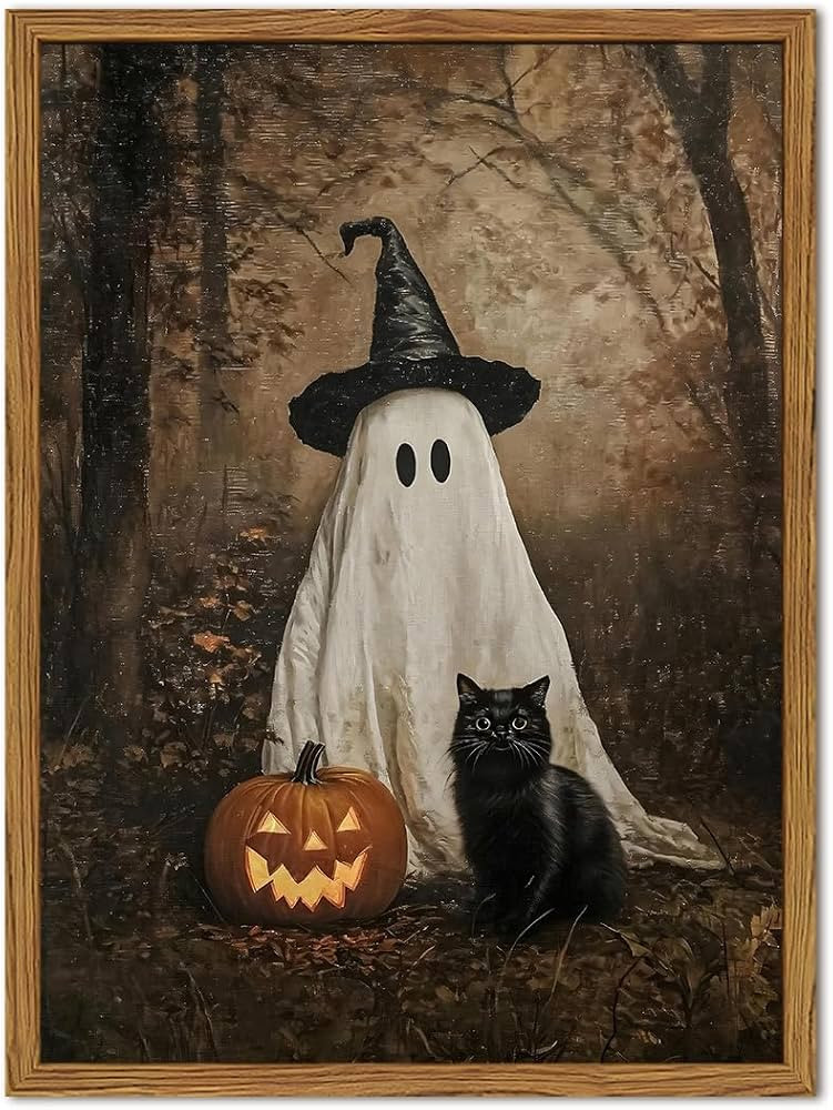 Framed Vintage Halloween Ghost Wall Art, Cute Ghost Black Cat Pumpkin Pictures Wall Decor, Gothic... | Amazon (US)