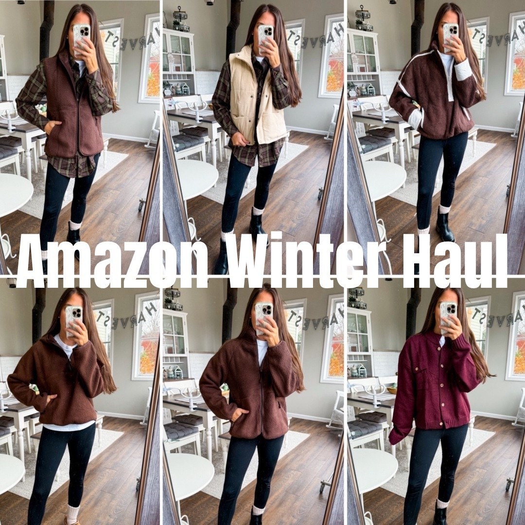 Amazon winter fashion haul! 
Brown vest XS 
Corduroy vest small 
Brown pullover small 
Brown zip jacket XS 
Brown 1/4 zip pullover XS 
Maroon cardigan small 
Leggings tts short 
Shoes tts 

#LTKSaleAlert #LTKFindsUnder50 #LTKFindsUnder100
