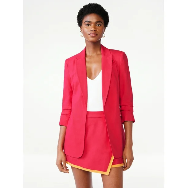 Scoop Women's Linen-Blend Open Front Blazer with 3/4 Scrunch Sleeves | Walmart (US)