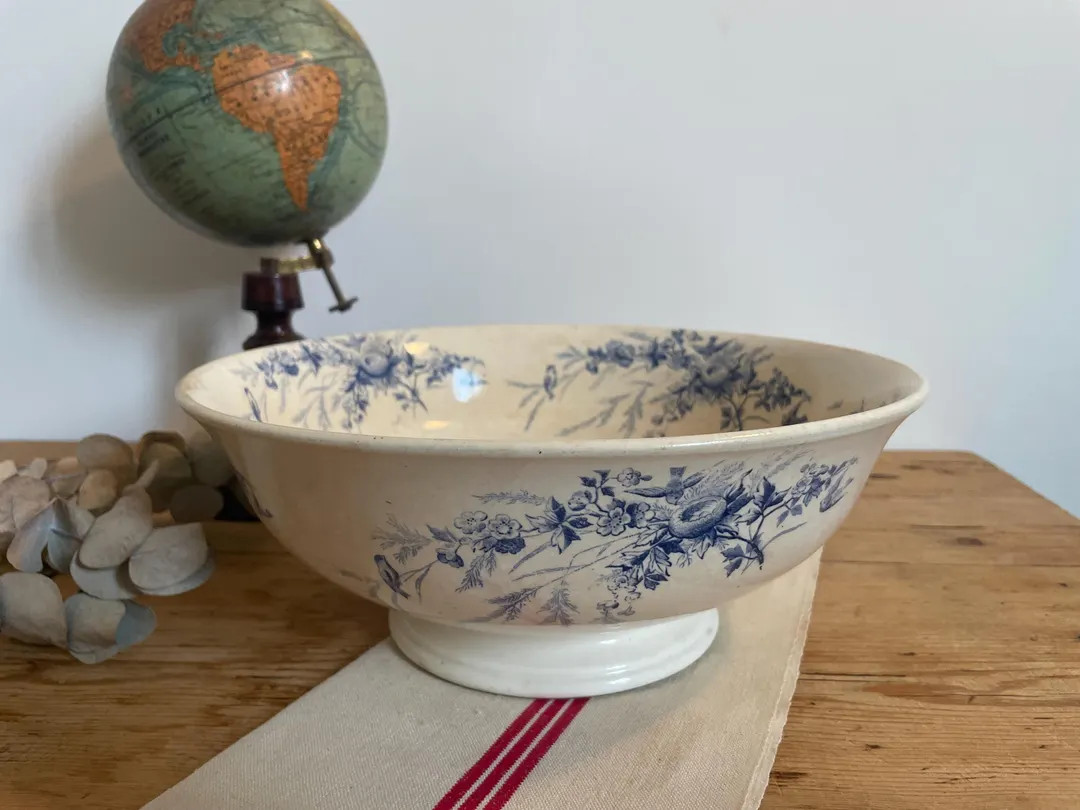 Rare "linotte" Salad Bowl CREIL MONTEREAU on Ironstone Foot With Blue Birds, Imposing Size - Anti... | Etsy (US)