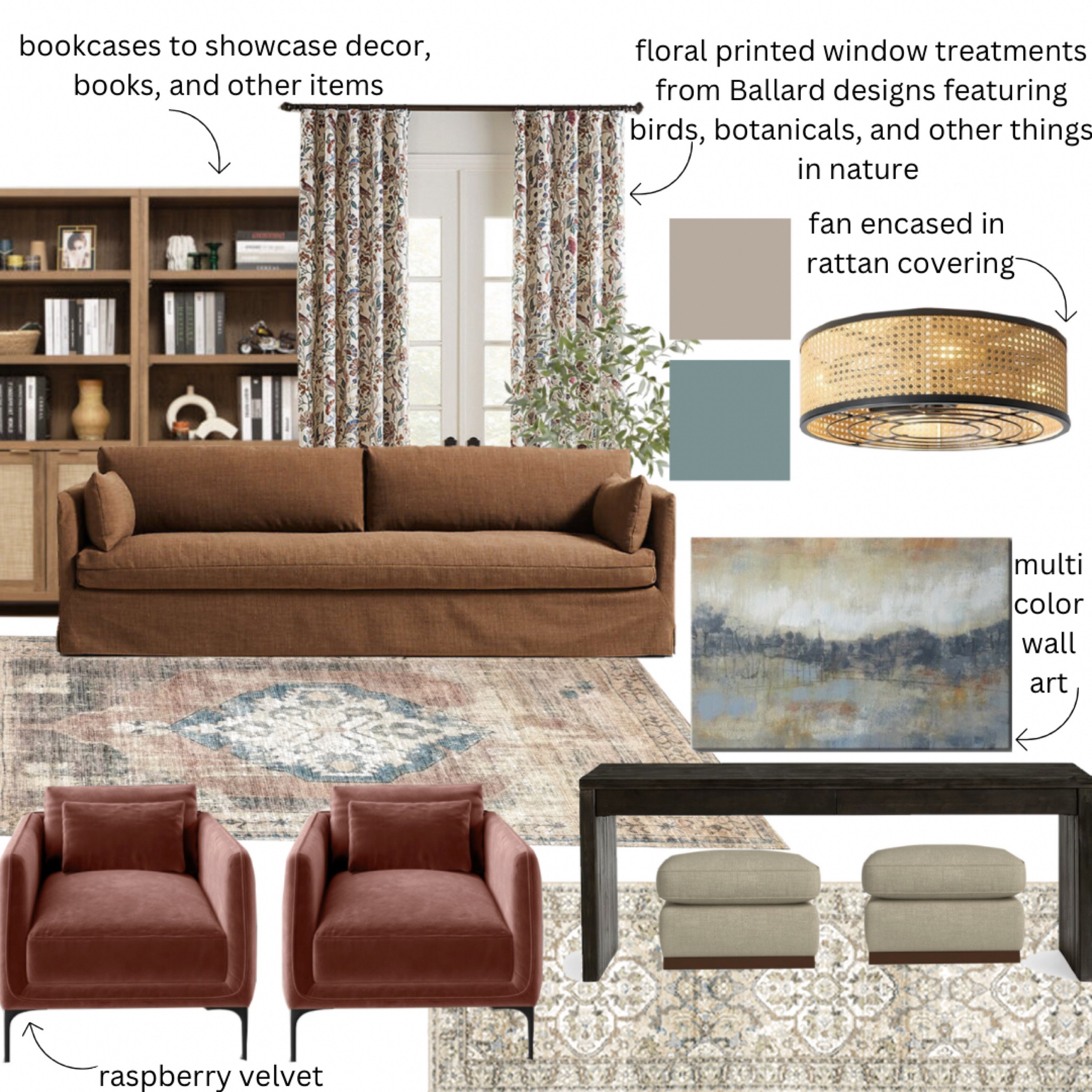 Living room home decor including warm earth tones with slipcovered bench sofa, area rug, velvet accent and chairs, console table, cube ottomans, bookcases, and curtains!
#arearug #bookcases #sofa #wallart #lighting

#LTKFindsUnder100 #LTKSeasonal #LTKHome