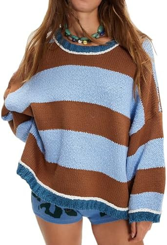 Women Vintage Pullover Sweater Y2k Crewneck Long Sleeve Preppy Oversized Color Block Knit Sweater... | Amazon (US)