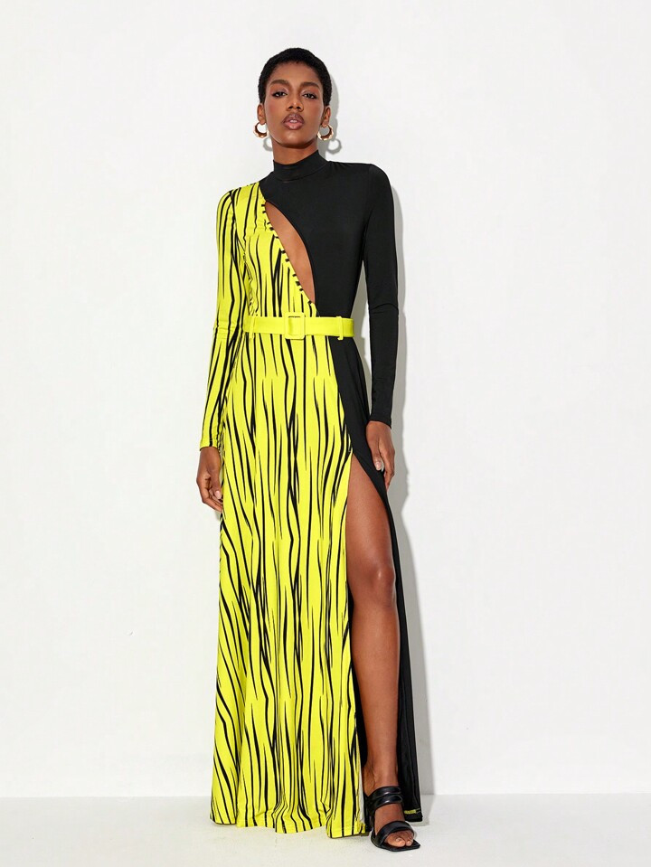 Floral Striped Print Split Thigh Belted Dress | SHEIN