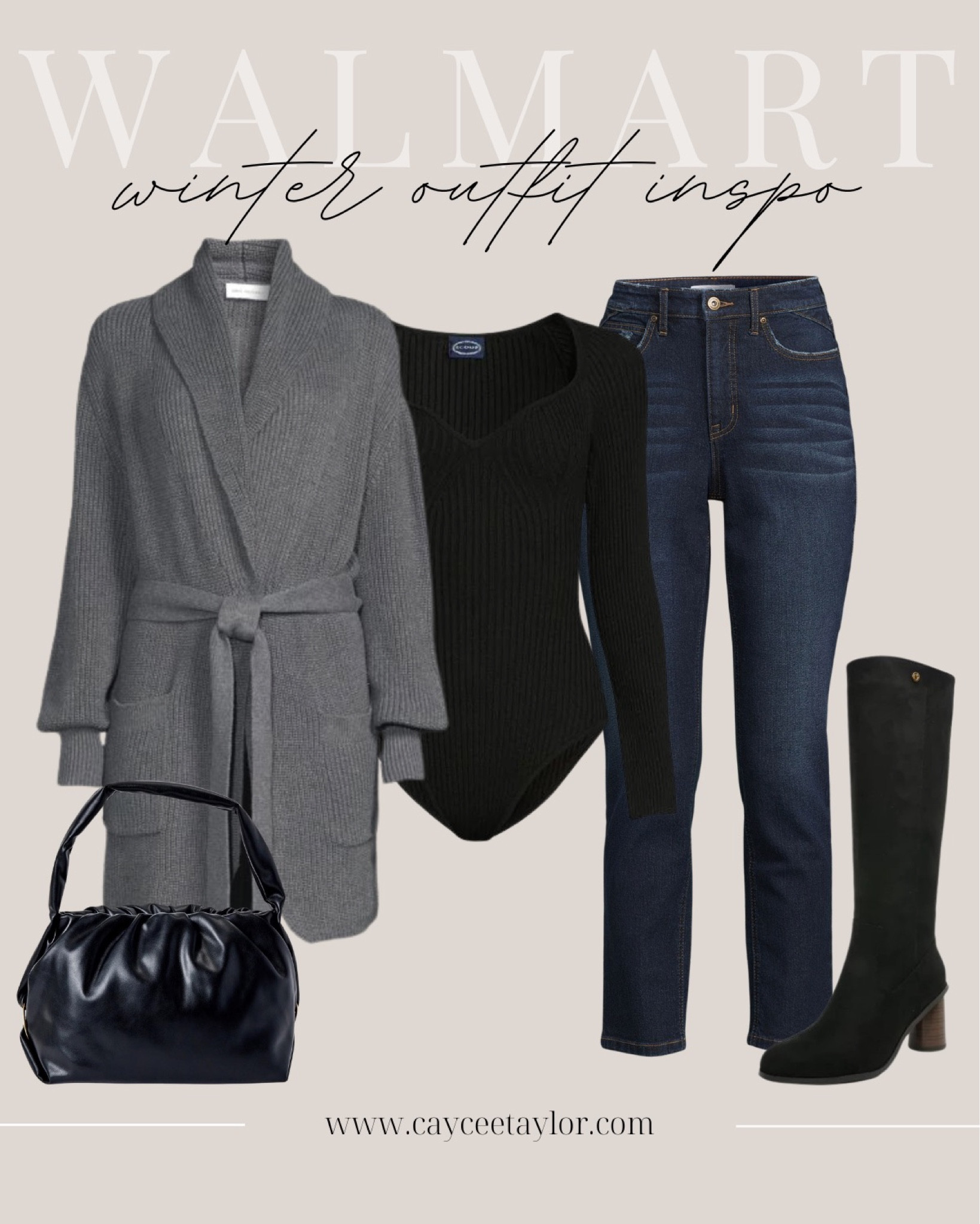 walmart outfits - walmart clothes - black tall boots - black bag - black purse - long wrap sweater - ribbed body suit - dark jeans - black heeled boots 

#LTKshoecrush #LTKstyletip #LTKHoliday