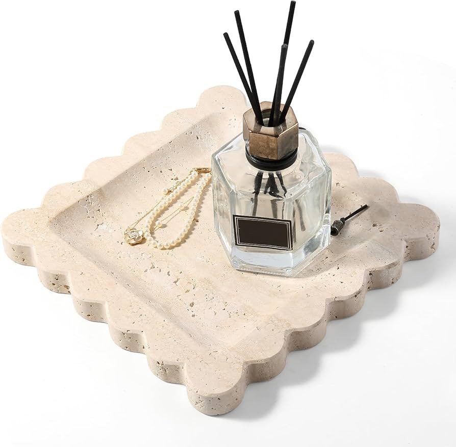 Travertine Decorative Tray, 7.8in Marble Scallop Edge Tray, Square Bathroom Trays for Jewelry Per... | Amazon (US)