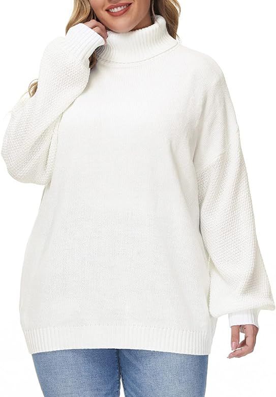 Womens Turtleneck Long Sleeve Sweater Plus Size Chunky Knit Pullover Tunic Sweater Tops | Amazon (US)