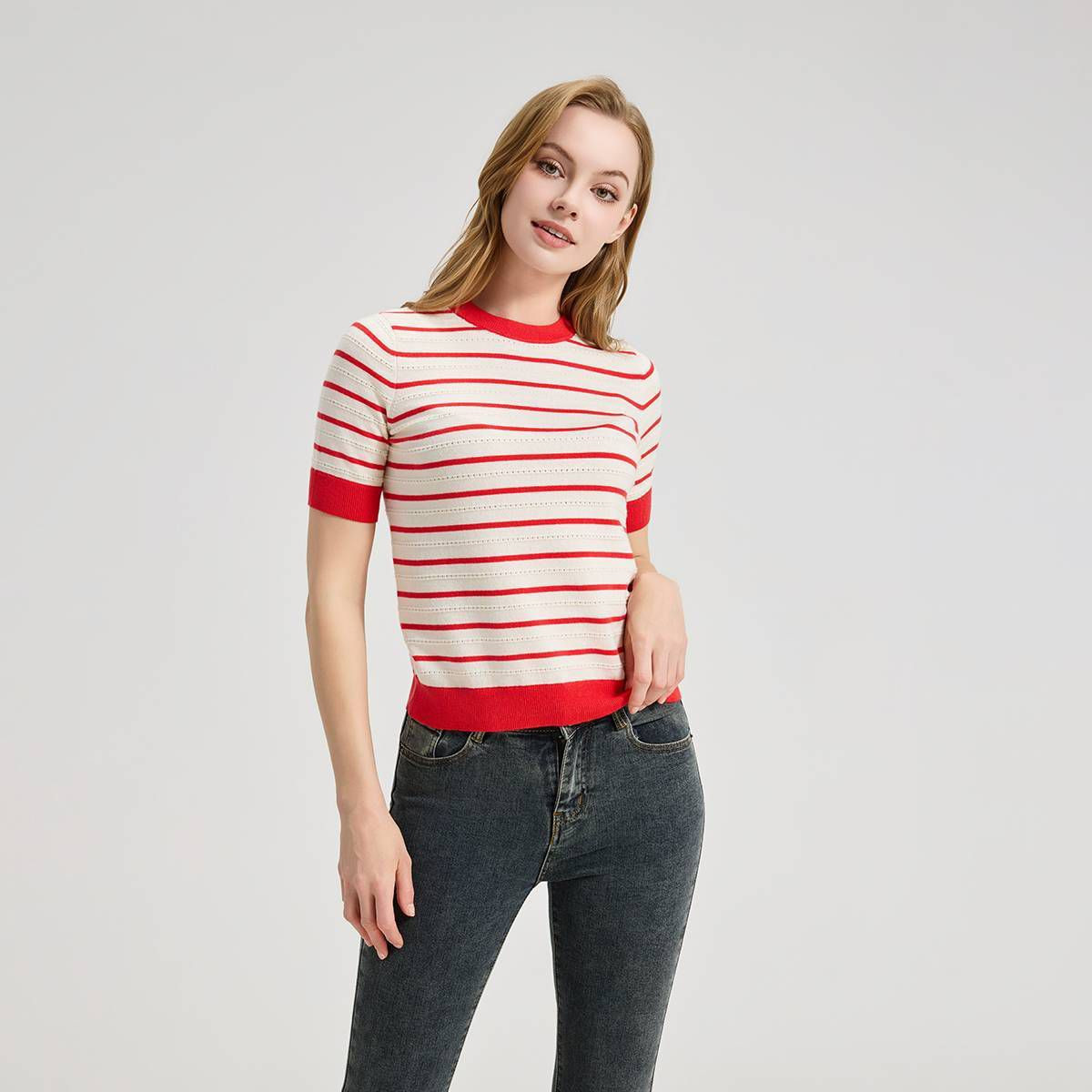 Women's Short Sleeve Crewneck Pullover Sweater - Universal Thread™ Red Striped S | Target