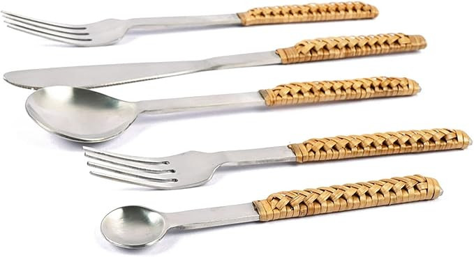 Rattan Flatware Stainless Steel Forks, Knives, and Spoons Silverware Set - Unique Pattern Design ... | Amazon (US)