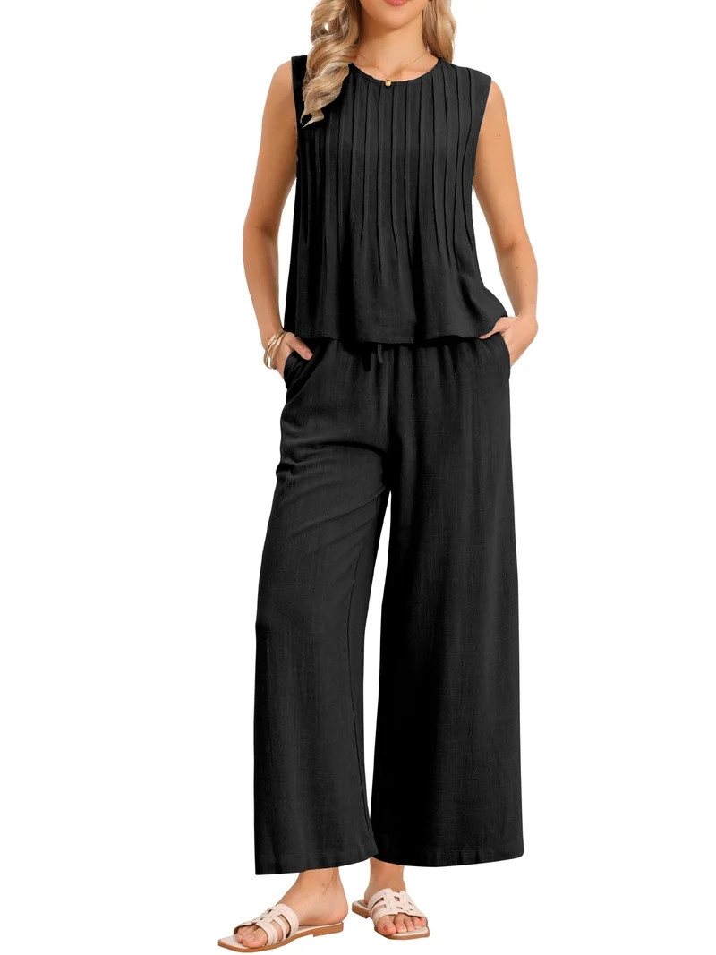 INSPIRE CHIC Women's 2 Piece Linen Outfit Sleeveless Crop Top and Wide Leg Pants Casual Summer Se... | Walmart (US)