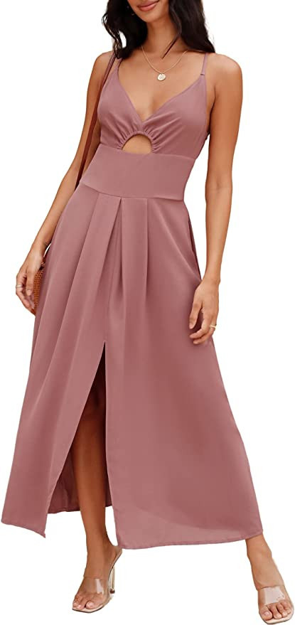 Angashion Women Dresses Sexy V Neck Cut Out Spaghetti Strap Flowy Split Beach Maxi Dress with Poc... | Amazon (US)