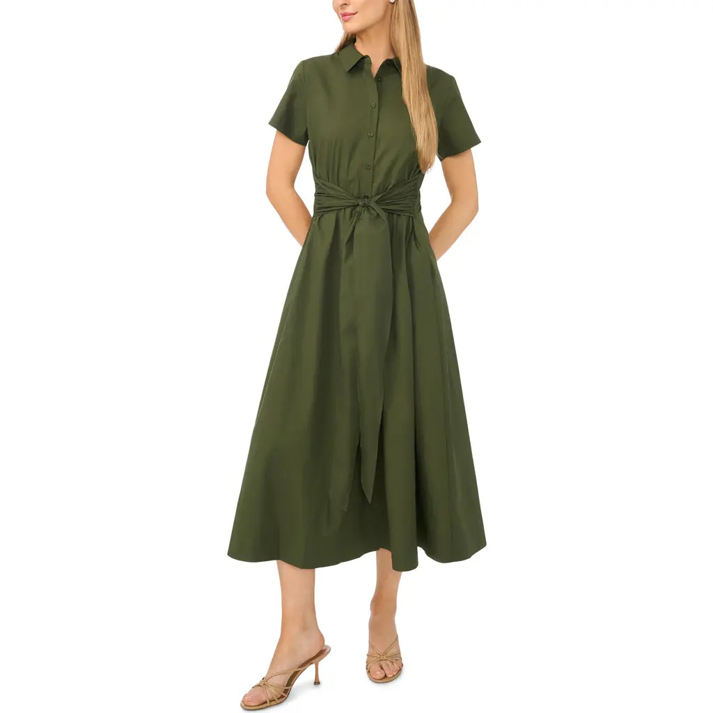 Halogen® Tie Waist Cotton Shirtdress in Midnight Sage at Nordstrom Rack, Size X-Large | Nordstrom Rack