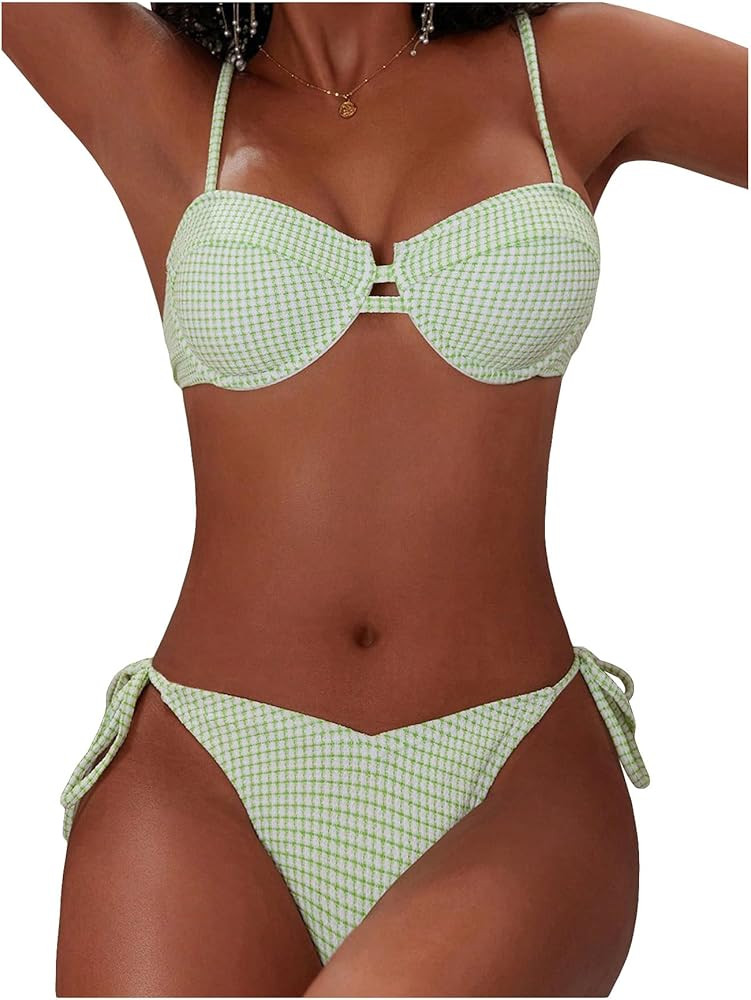 SweatyRocks Women's Two Piece Bikini Set Gingham Plaid Push Up Swimsuit String Cheeky Bathing Sui... | Amazon (US)