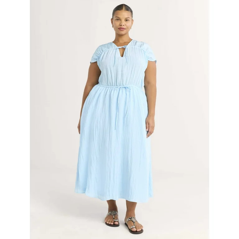 Scoop Women’s V-Neck Crinkle Midi Dress, Sizes XS-4X | Walmart (US)