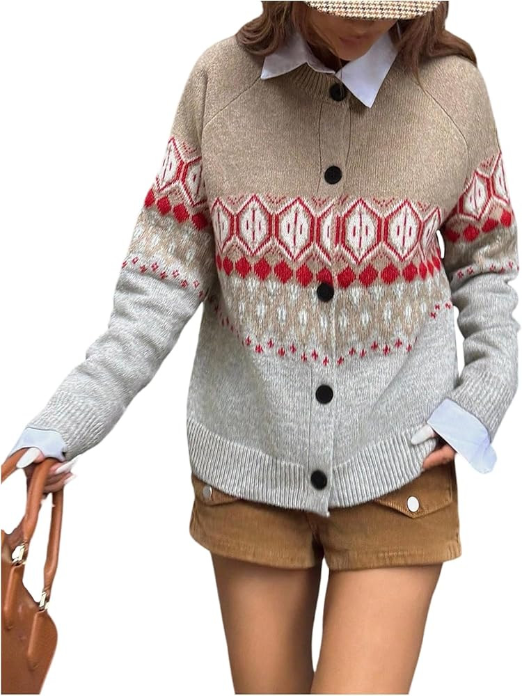SweatyRocks Women's Button Down Cardigans Geo Print Crewneck Raglan Sleeve Fall Sweater | Amazon (US)