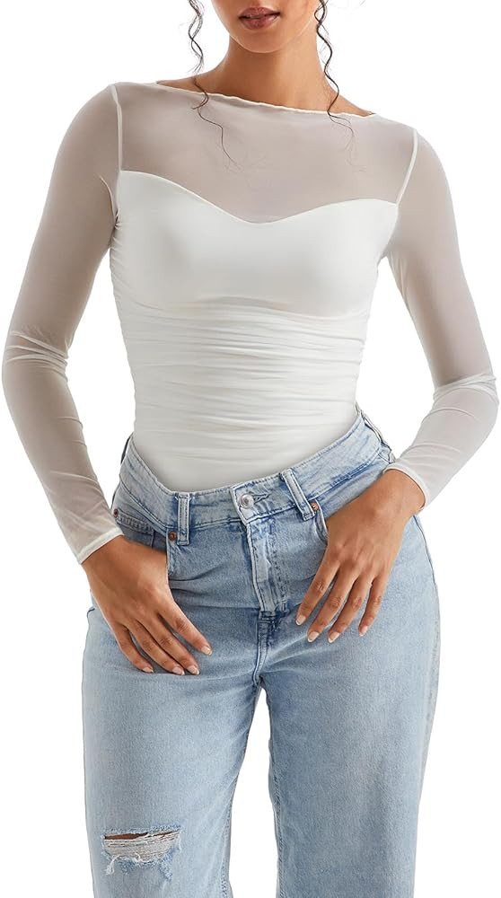 SUUKSESS Women Double Line Mesh Sheer Crop Tank Tops Boat Neck Long Sleeve Shirts | Amazon (US)