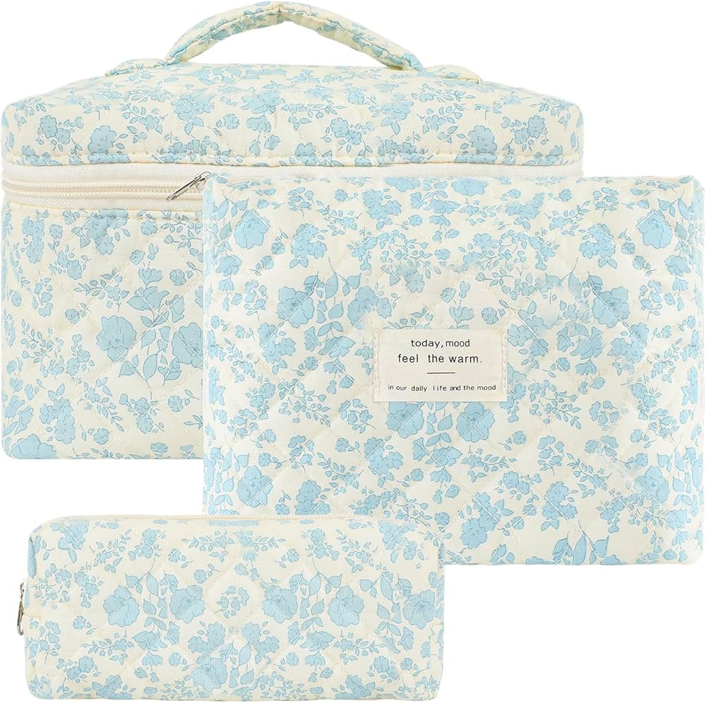 Grenben 3 PCS Cotton Quilted Makeup Bag,Floral Quilted Makeup Bag Set,Cute Cosmetic Bag for Women... | Amazon (US)
