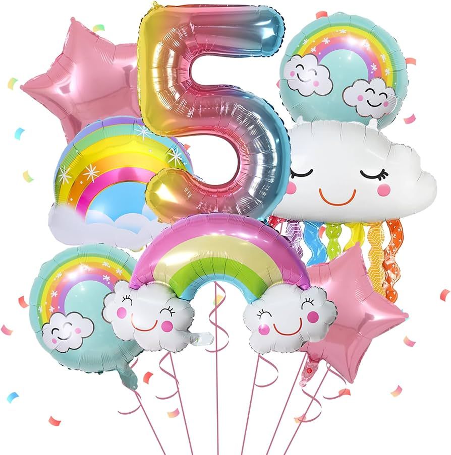 5th Birthday Decorations, 8 Pcs 5 Balloons Birthday Foil Balloons with Rainbow Pink Star Pastel R... | Amazon (US)