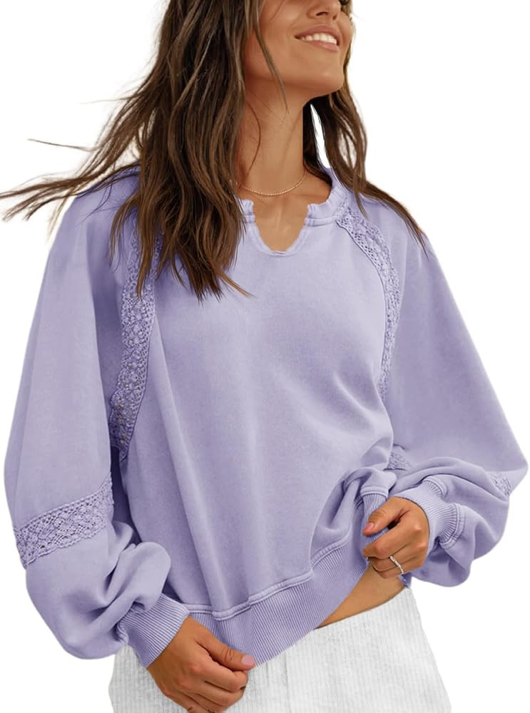Fisoew Womens Oversized Sweatshirt Casual V Neck Lace Lantern Long Sleeve Cropped Loose Fit Fall ... | Amazon (US)