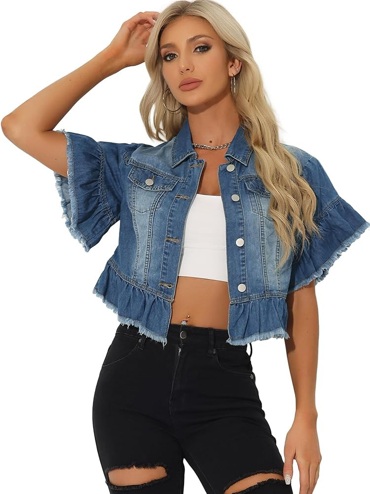 Allegra K Denim Jacket for Women's Button Down Ruffled Short Sleeve Lightweight Peplum Hem Jean J... | Amazon (US)