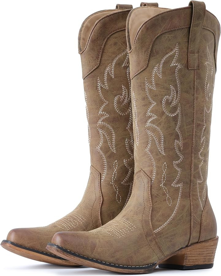 IUV Cowboy Boots for Women Mid Calf Fashion Cowgirl Boots with Embroidery Western Snip Toe | Amazon (US)