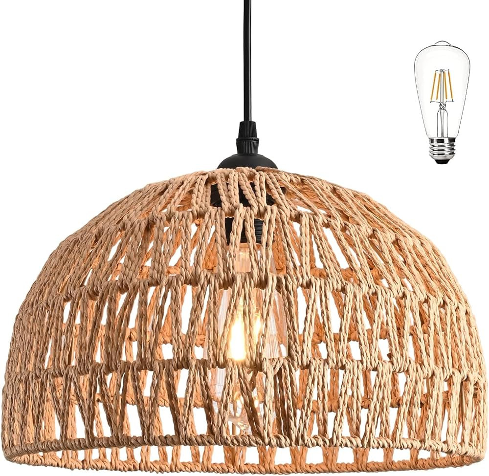 Hemp Rope Woven Pendant Light Woven Light Fixture Boho Chandelier Light Fixture Wicker Pendant Li... | Amazon (US)