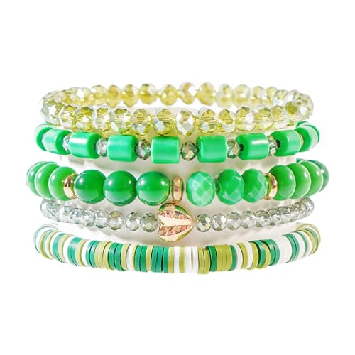 RISHEGAE Green Crystal Heishi Beaded Bracelet for Women St Patricks day Bracelets Layering Friendship Summer Beach Stretch Bracelet for Women Trendy | Amazon (US)