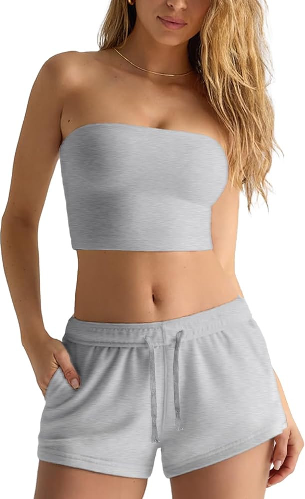 Two Piece Sets for Women Summer, Sweat Shorts & Strapless Tube Tops for Women, Bandeau Tops & Swe... | Amazon (US)