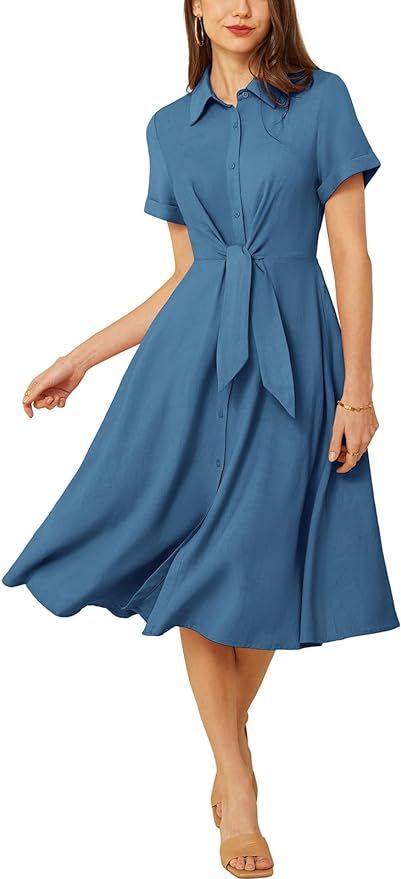 GRACE KARIN Womens Linen Dresses Summer Casual Flowy Collar Button Down Dress Front Tie Short Sle... | Amazon (US)