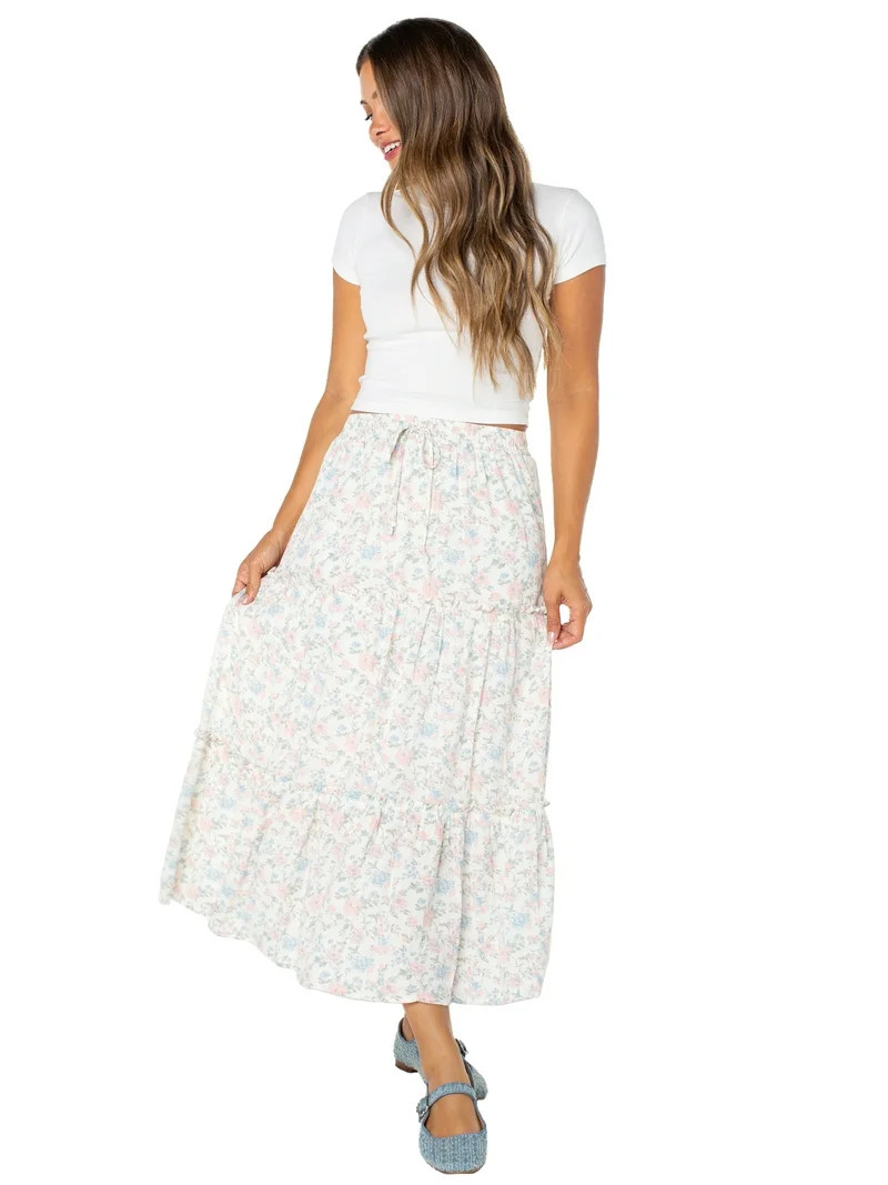 Celebrity Pink Women's and Women's Plus Floral Print Tiered Maxi Skirt, Sizes XS-4X | Walmart (US)