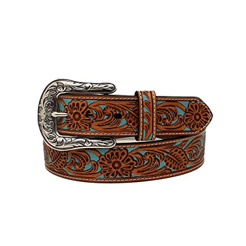 ARIAT Women's Floral Pierced Leather Turquoise Underlay Belt, Tan, Large | Amazon (US)