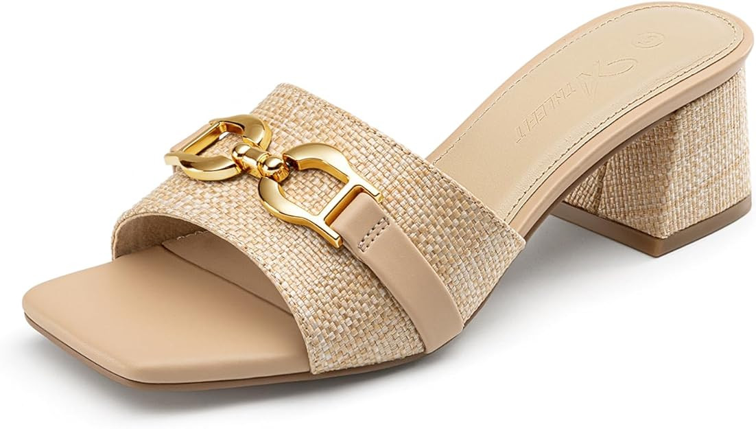 Athlefit Women's Raffia Heeled Sandals Square Open Toe Slip On Mules Chunky Block Heels with Meta... | Amazon (US)