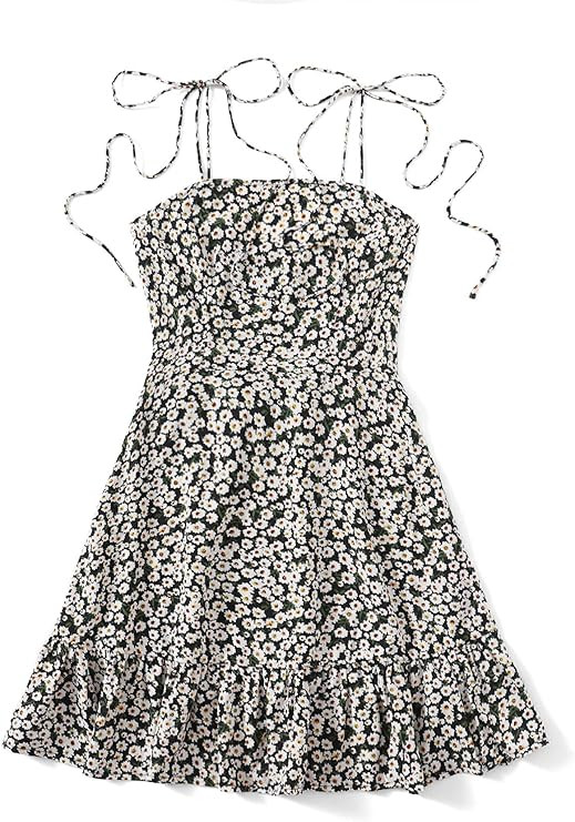 SheIn Women's Summer Floral Ruffle Mini Dress Sleeveless Tie Shoulder A Line Flare Short Dresses ... | Amazon (US)