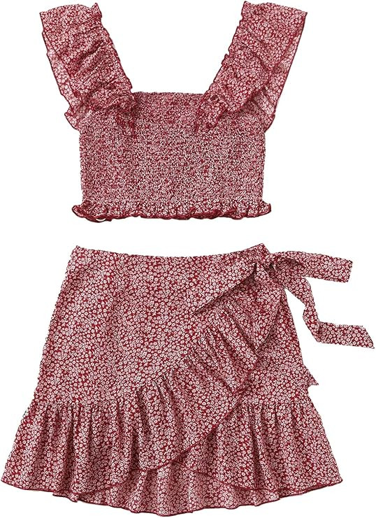 Amazon.com: MakeMeChic Women's Two Piece Ruffle Trim Cami Crop Top and Wrap Skirt Set A Burgundy ... | Amazon (US)