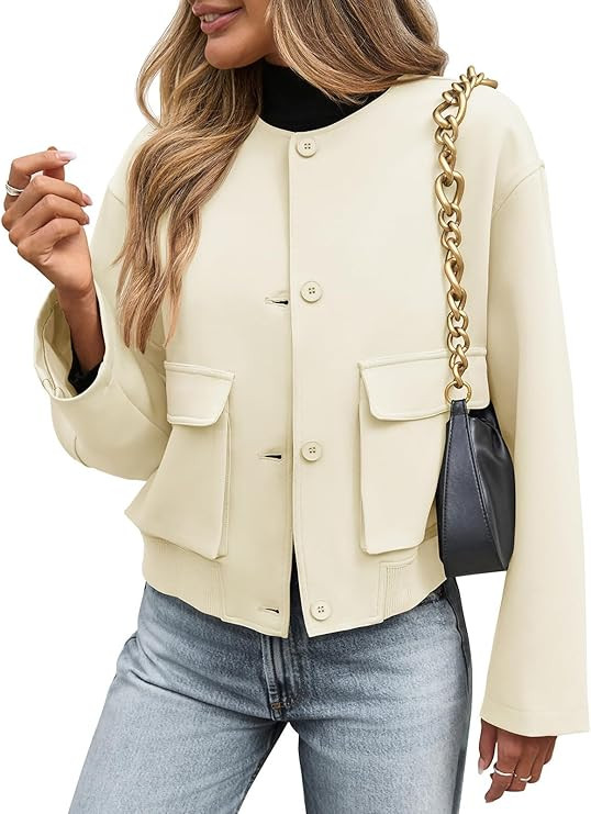 Tankaneo Womens Cropped Bomber Jackets Casual Button Down Collarless Shackets Crewneck Loose Fit ... | Amazon (US)