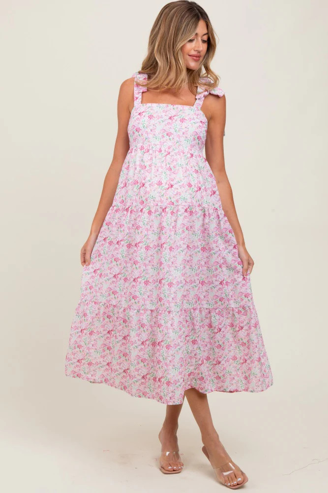 Light Pink Floral Shoulder Tie Maternity Midi Dress | PinkBlush Maternity