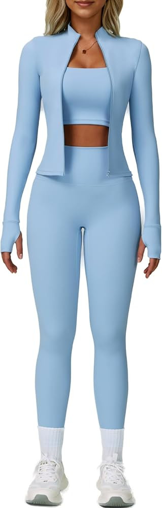 Women’s 3 Piece Workout Set – Sports Bra, Leggings & Jacket with Thumbholes – Yoga Outfit A... | Amazon (US)