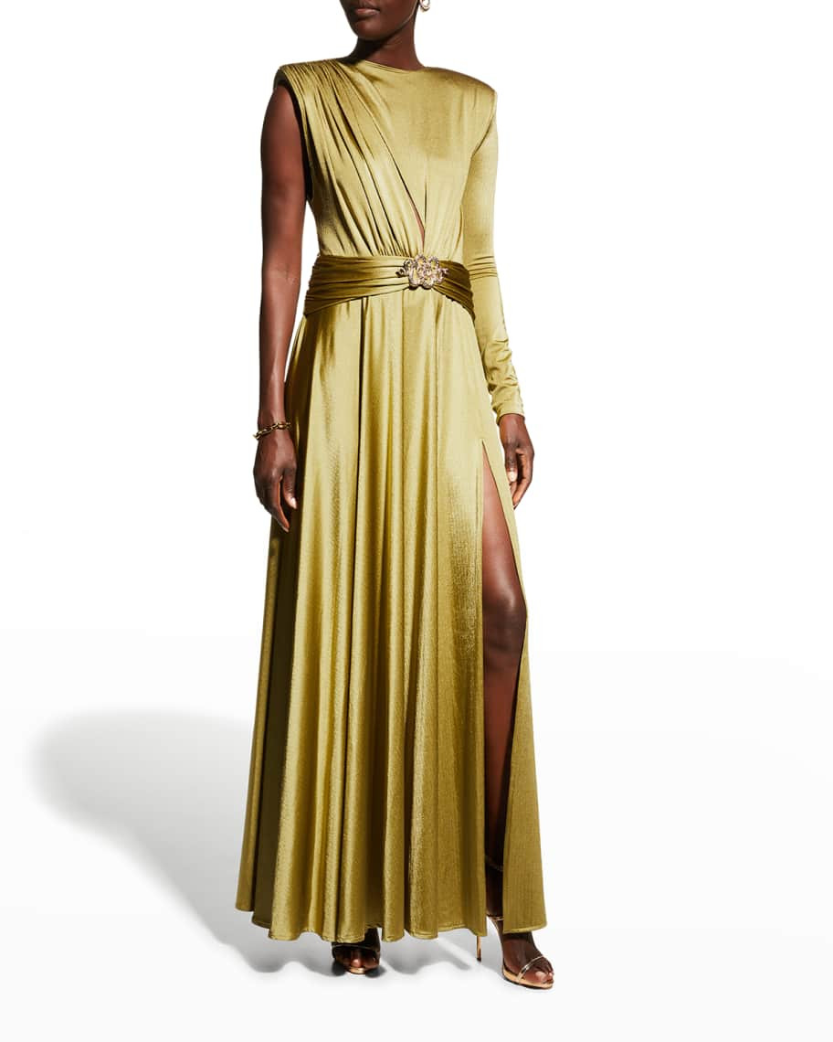 Bronx and Banco Starlight Olive Asymmetric Gown | Neiman Marcus