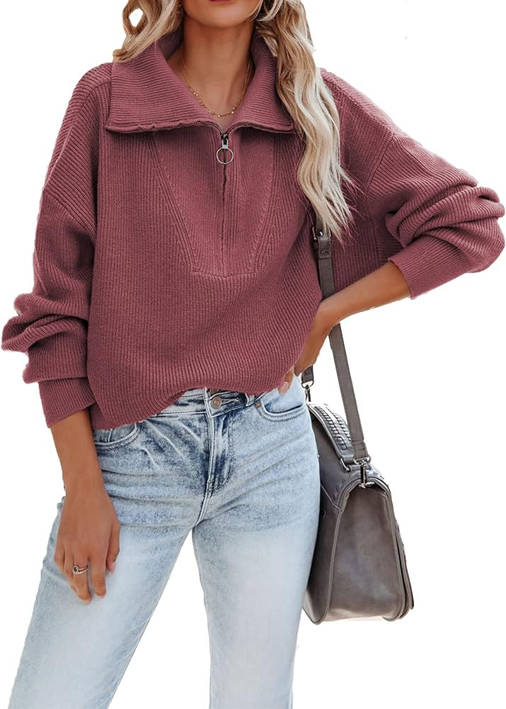 Hotouch Womens 1/4 Zip Collar Lantern Long Sleeve Pullover Sweaters V-Neck Drop Shoulder Sweatshirt  | Amazon (US)