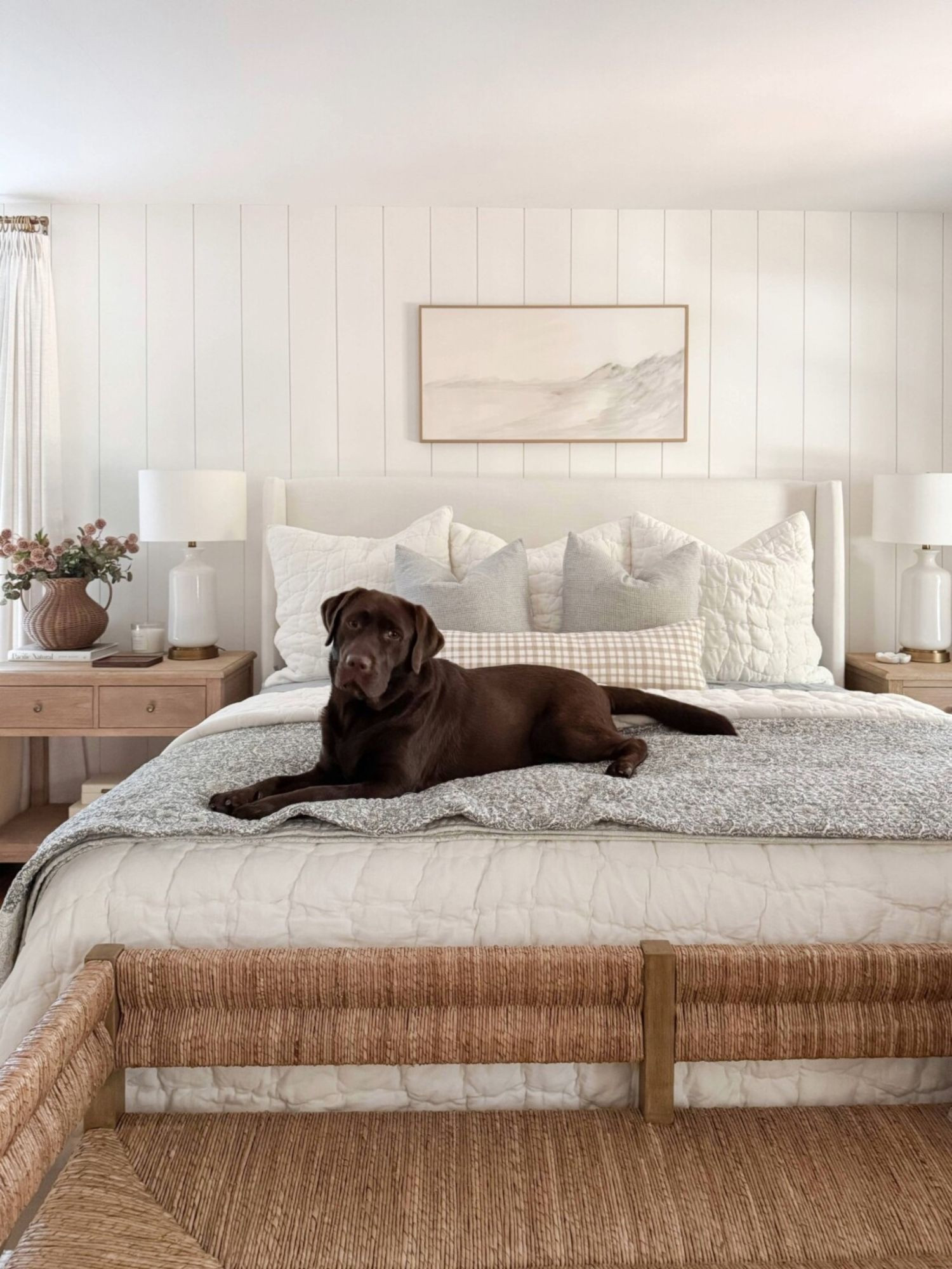 Pet friendly bedroom styling! A cozy neutral bedroom layered with durable textiles and soft finishes perfect for everyday living. Pet friendly bedroom, neutral bedroom decor, cozy bedding, coastal neutral home, washable bedding, timeless bedroom design, Sherri calnan home

#LTKHome