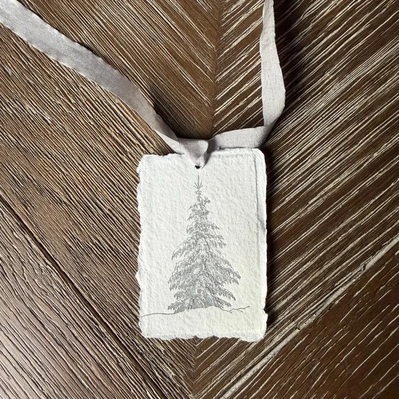 Holiday Christmas Snowy Tree Glitter Silver Letterpress on HANDMADE PAPER With Deckle Edge Set of... | Etsy (US)