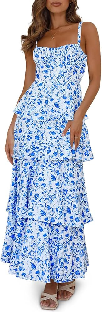 Fisoew Womens Floral Maxi Dresses Spaghetti Strap Casual Sleeveless Ruffle Flowy Tiered Dress | Amazon (US)